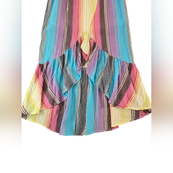 Blue Rain Striped Boho Ruffled Hi-Lo Hem Midi Skirt Rainbow Cotton Small - Picture 3 of 9